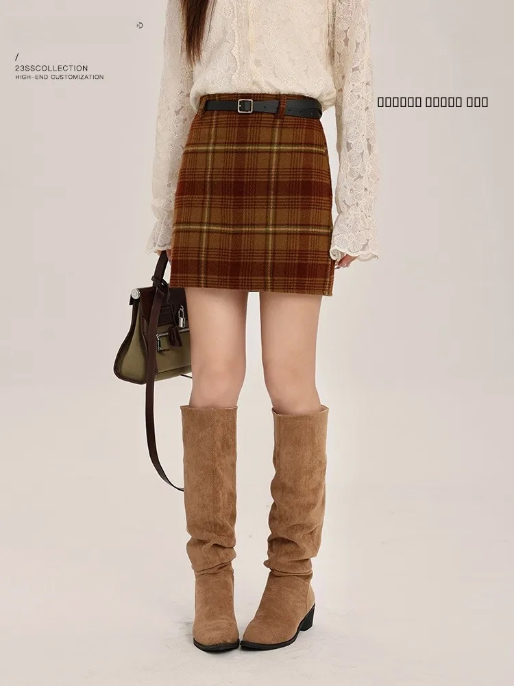 

Юбка Fene в клетку с высокой талией, А-силуэт, скрывающая бедра, корейский стиль, для офиса, из полиэстера, облегающая