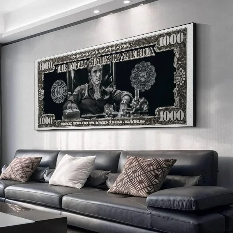 1pc frameless Canvas Painting Classic Movie, Scarface Tony Montana Dollar Wall Art, HD Canvas Print Poster, Home, Living Room, R