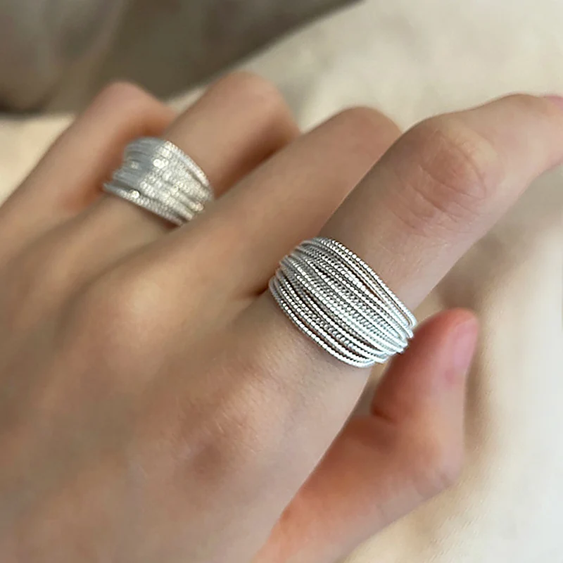 Silver Color Vintage Multi Lines Women's Ring Unique Adjustable Irregular Finger Rings For Women Party Jewelry Gift