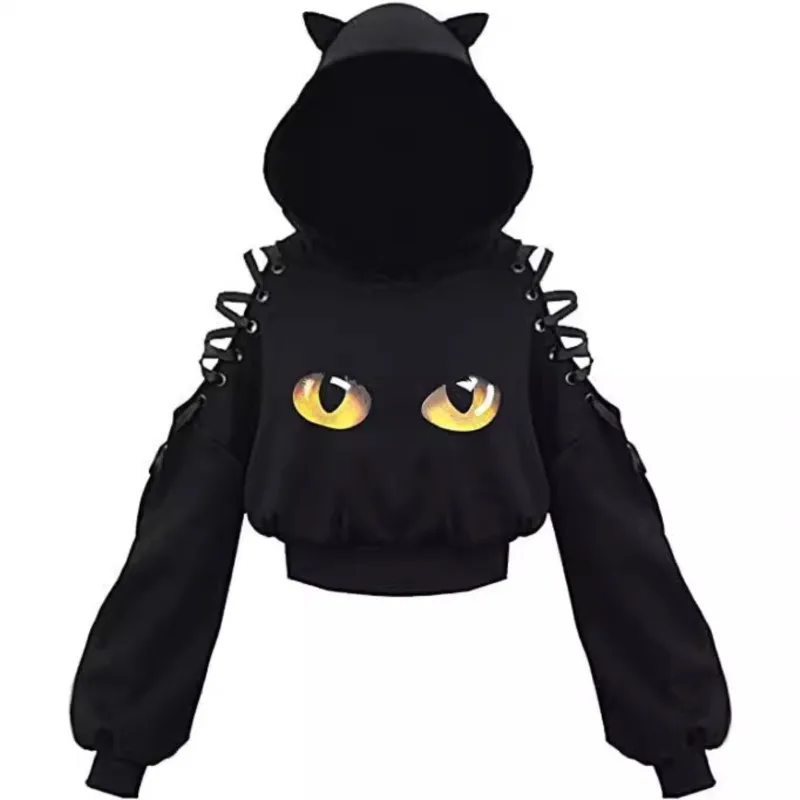 Y2k Gothic Womens Hoodie Cat Ear Crop Top Hooded Sweatshirt Hollow Out Lace Up Long Sleeve Hodded Sping Autumn Casual Pullover