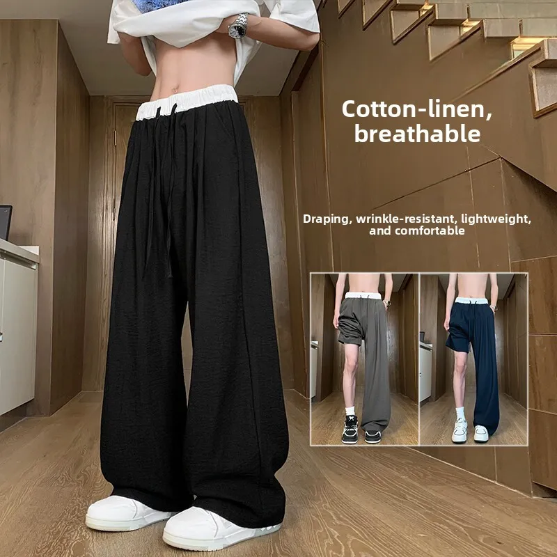 

Мужские летние тонкие прямые брюки из льна и шелка Color Blo: свободные, широкие, в американском стиле, модные, повседневные