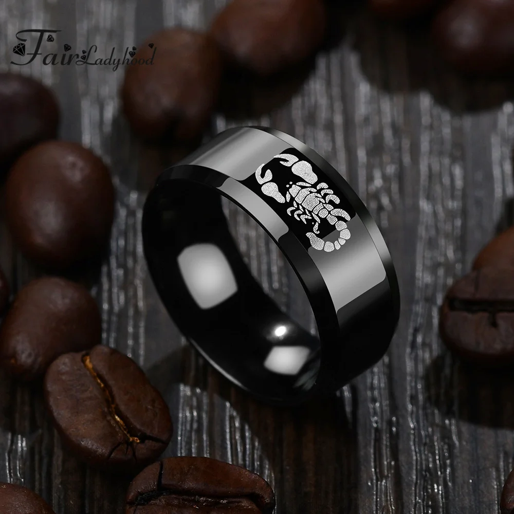 FairLadyHood High Quality 8mm 316L Stainless Steel Scorpion Rings For Men Punk Black Finger Rings Gothic Polished Wedding Bands