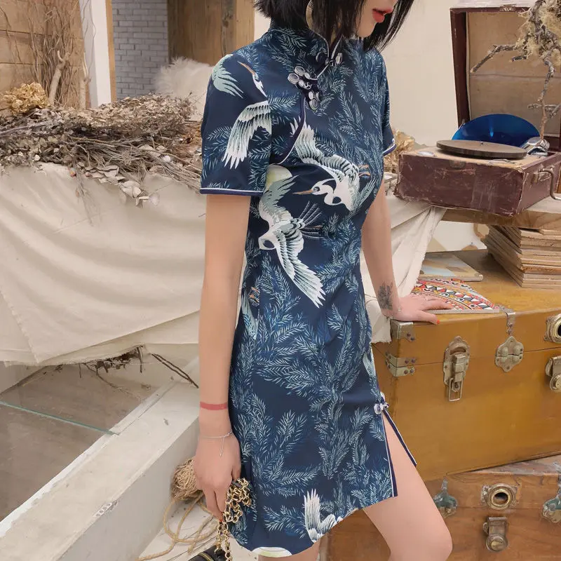 

2022 Blue Cheongsam Slim Short Chinese Style Retro Women Dress Crane Floral Fashion Long Qipao