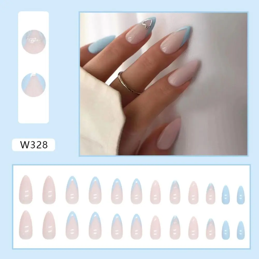 Unhas francesas destacáveis de manicure, unhas postiças, pressione, amêndoa longa de prata, simples, 24pcs