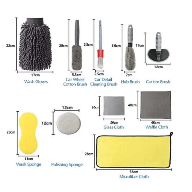 Suitable For 12Pcs Car Cleaning Tool Kit, Detailing Brushes Wash Mitt Sponge Towels, Auto Interior Exterior Washing Accessories