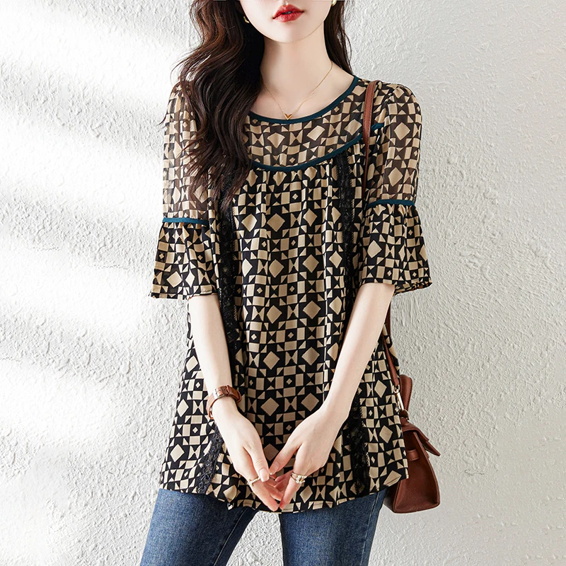 2023 Women's Silk O-Neck Flare Sleeve Shirt Summer New Geometric Print Short Sleeve Top Loose Large Slim Long T-shirt