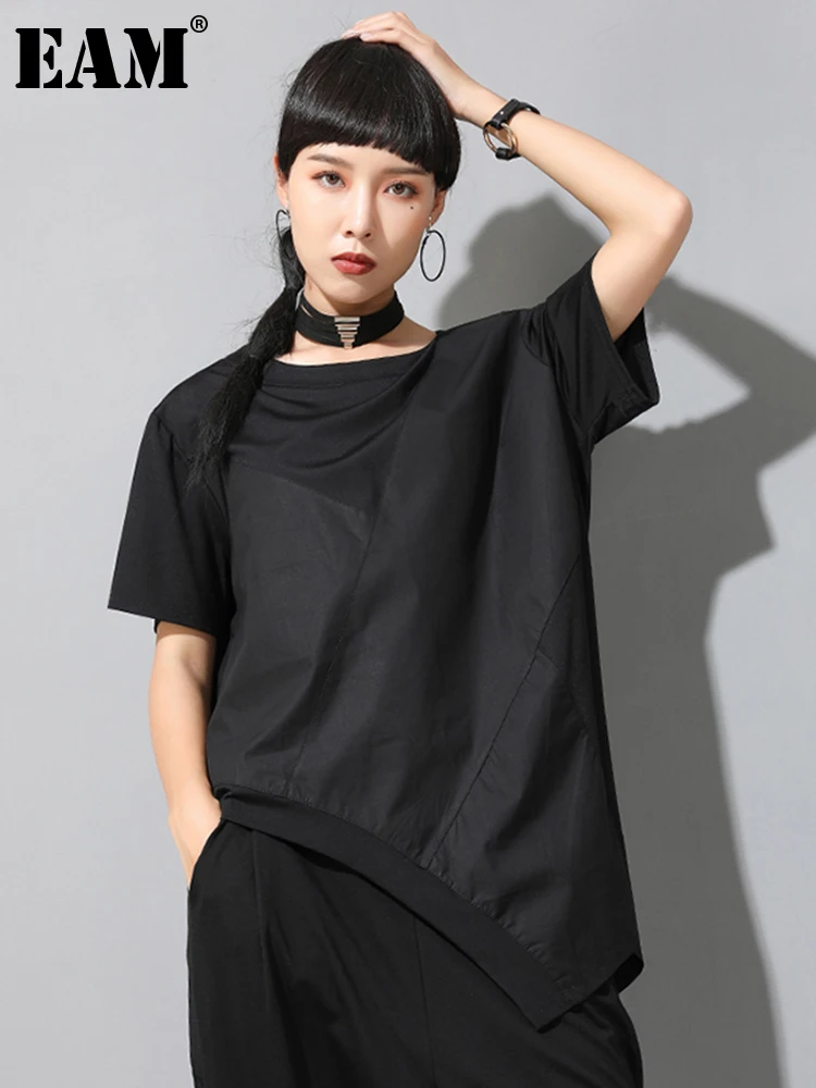 

[EAM] Women Black Irregular Split Joint Big Size T-shirt New Round Neck Long Sleeve Fashion Tide Spring Summer 2024 1W050