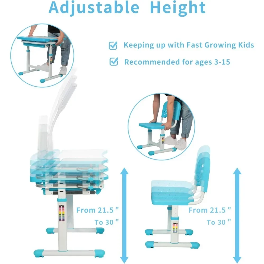 Children's table and chair, multifunctional height-adjustable table with tilting tabletop, metal hooks and storage drawers