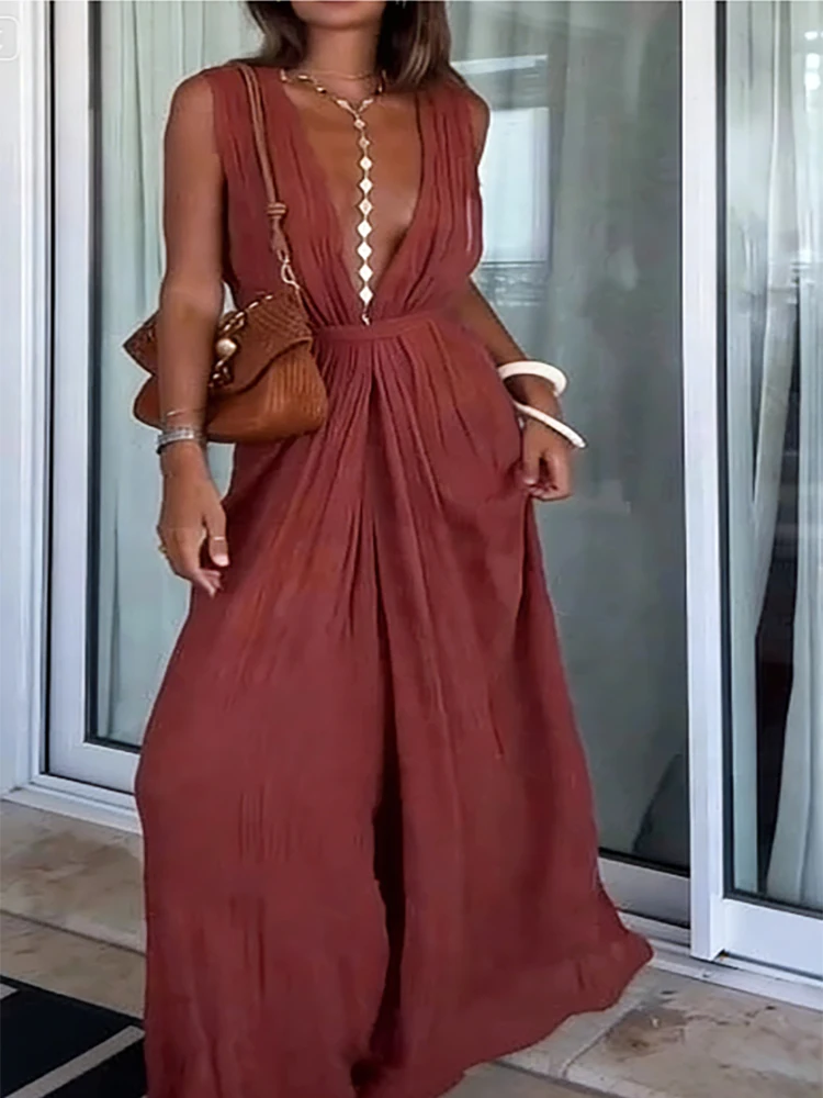 Barboteuse de plage plissée, décontractée, décontractée, décolleté en V profond, sans manches, ample, Simple, couleur unie, taille à lacets, combinaison pour femmes, été