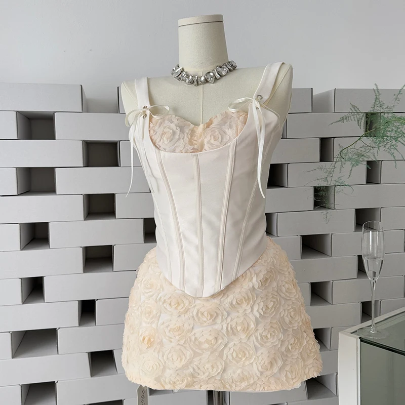 

3D Flower Skirt Sets Fashion Fishbone 3D Women Outfit Strap Lace-up Boning Slim Tops & High Waist A-Line Skirt with Shorts Suits