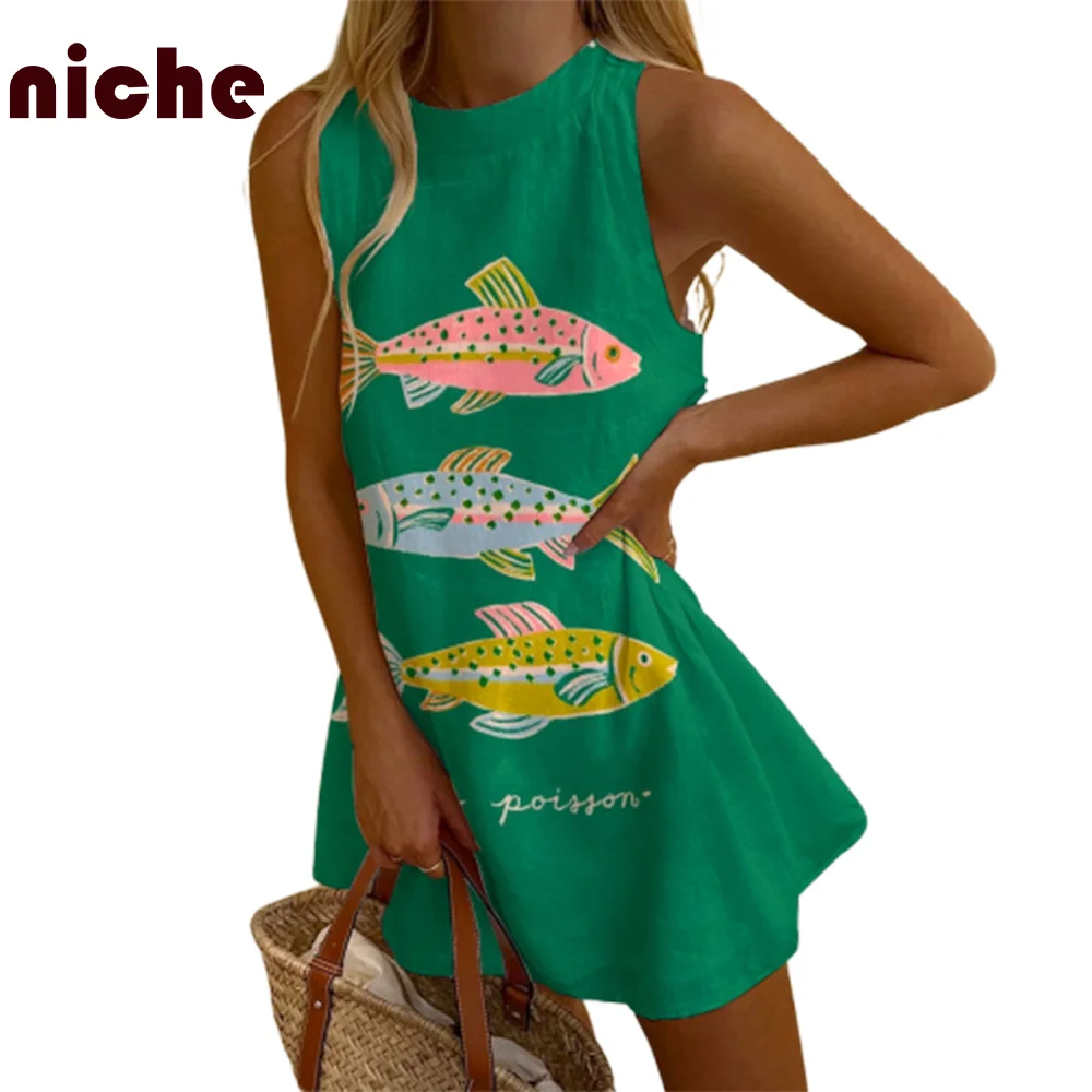 Solid Color Women\'s Dresses Cute Hand-Painted Sardines Print Green Dresses Party Dresses Fashion Trend New Beach Dresses