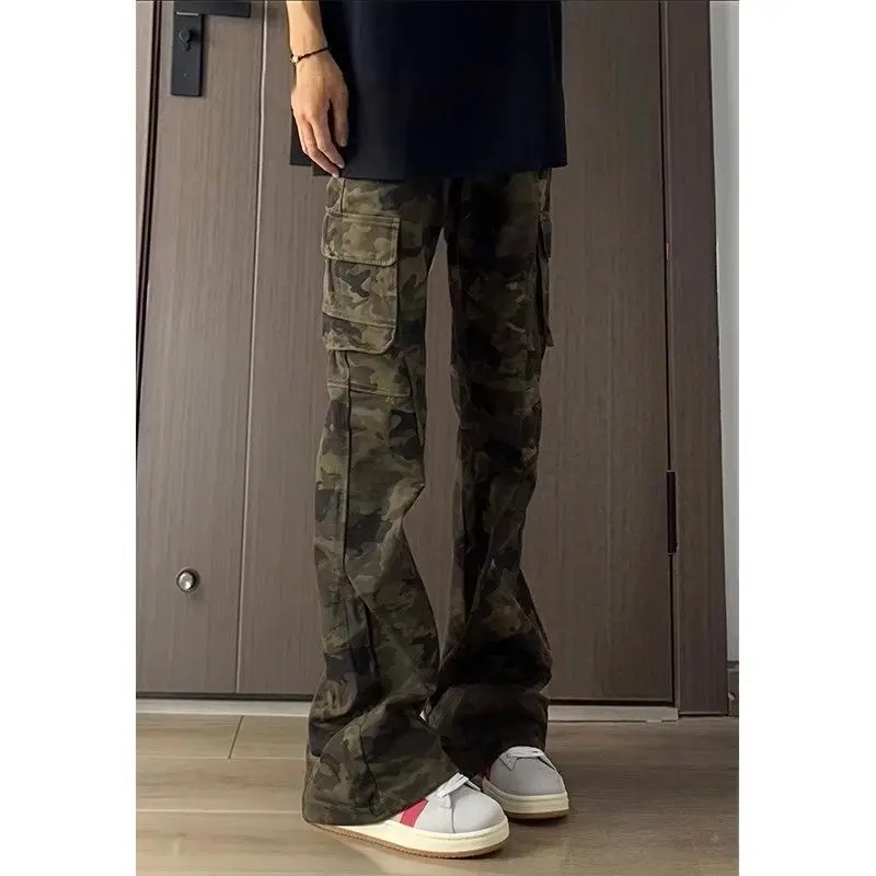 

High Street Camouflage Jeans Big Pocket Men's Overalls Slim-Fit Narrow Casual Straight Pants Flared Jeans Man Clothing