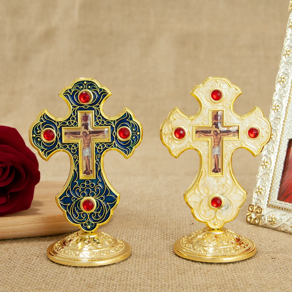 HTISOK Ostorthodoxes Kreuz Jesus-Kruzifix Christliches Standkreuz mit Sockel für Kirchen- und Heimdekoration Religiöse Artikel – Detail 2