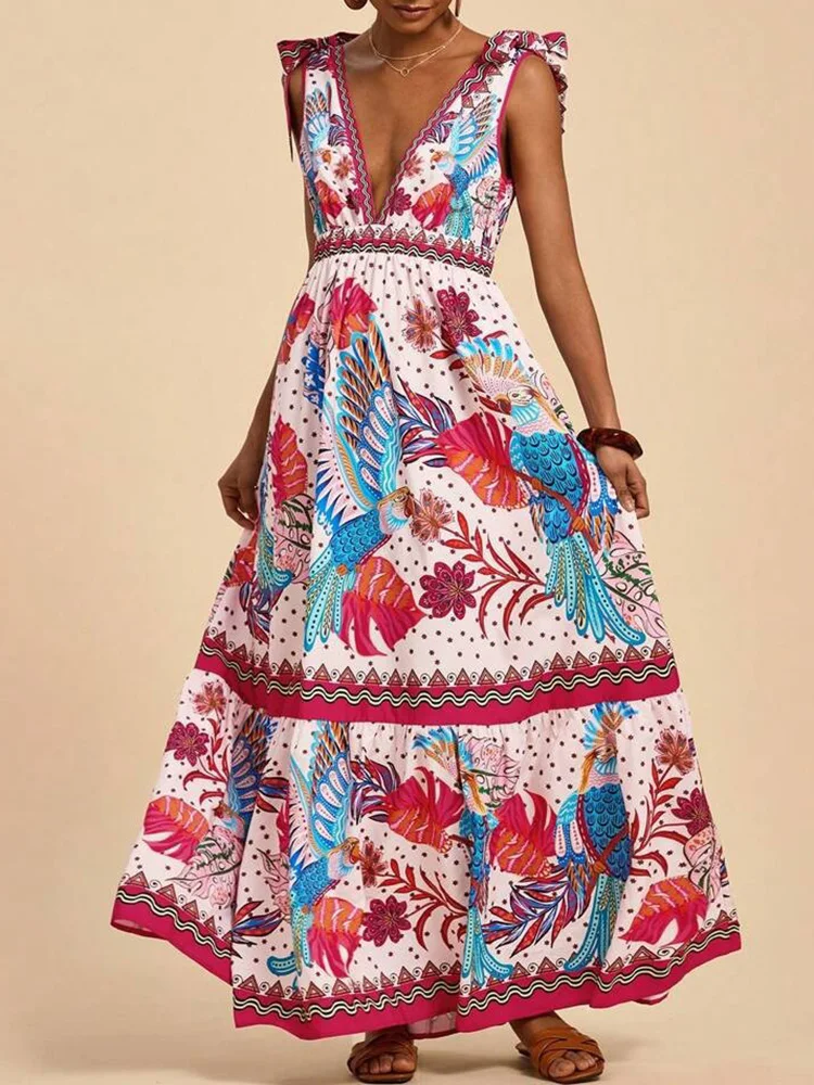 Women Fashion Print Loose Holiday Beach Dress Spring Double V Neck Backless Long Dress Summer Tie-up Sling Boho Maxi Dress Mujer