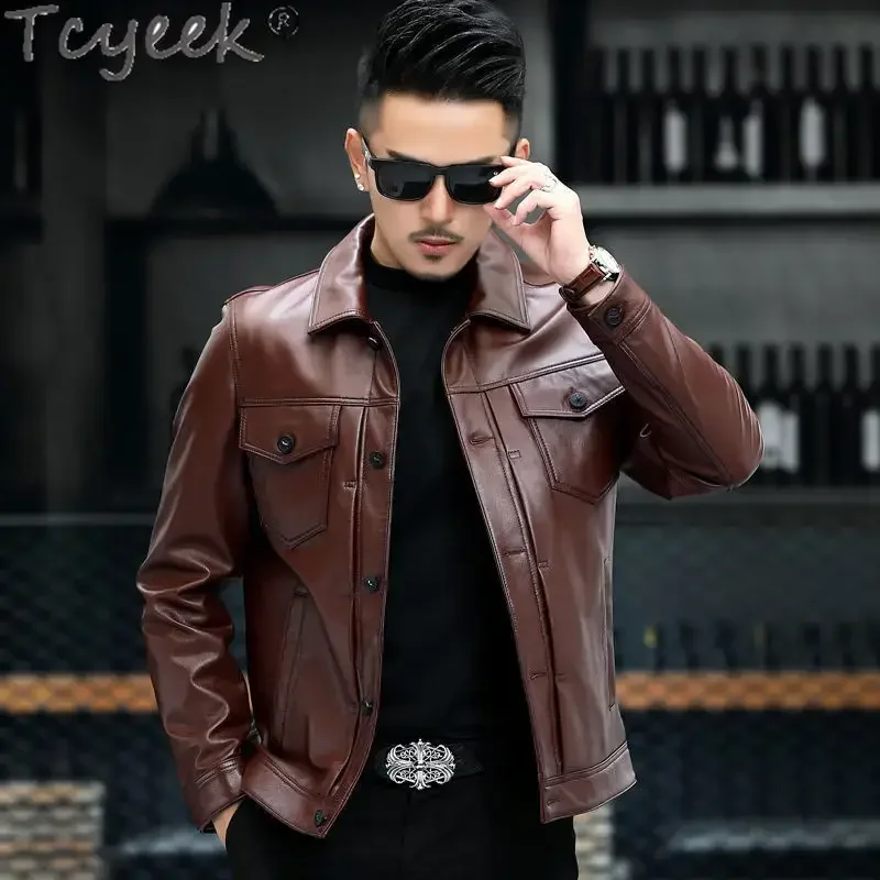 Tcyeek Genuine Leather Jacket Men Motocycle Jackets Top Layer Cowhide Coats Autumn Mens Clothes New Leather Coat Jaqueta Couro