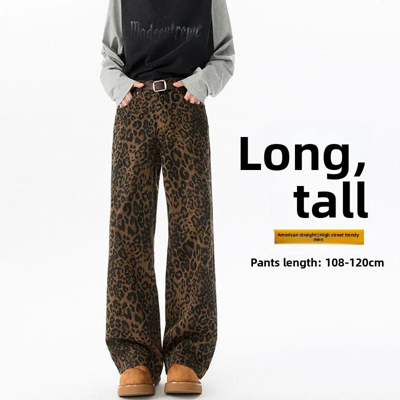 

Мужские прямые джинсы с высокой талией и американским леопардовым принтом в стиле ретро, весна-осень, чистые брюки-клеш