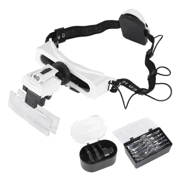 

LED eye mounted magnifying glass with 8 different magnification lenses, interchangeable for reading embroidery