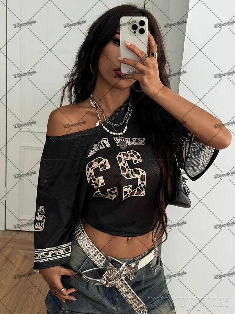 

New Black Enjoy Freedom Leopard Print 23 T-Shirt For Women V-Neck Short Sleeve Mesh Sports Football Jersey Y2K Oversized Tops