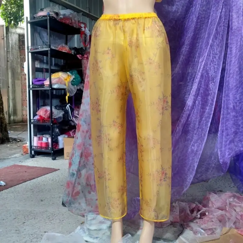 

Golden Organza Men Pants High Gloss Flowers See Through Women Erotic Ruffled Lantern Pants Loose Plus Size Silky Soft Trousers