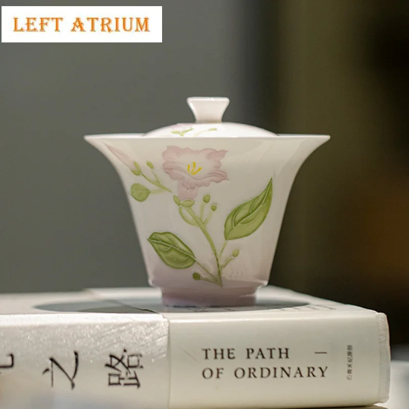 

120ml Hand-painted Purple Flower Gaiwan Japanese Tea Tureen Tea Bowl With Lid Kit Tea Making Cover Bowl Teaset Ornaments Craft