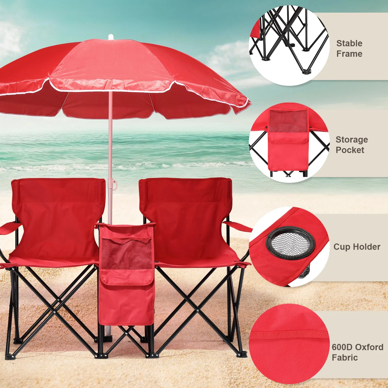

Portable Folding Picnic Chairs w/ Umbrella Table Cooler Beach Camping Chair