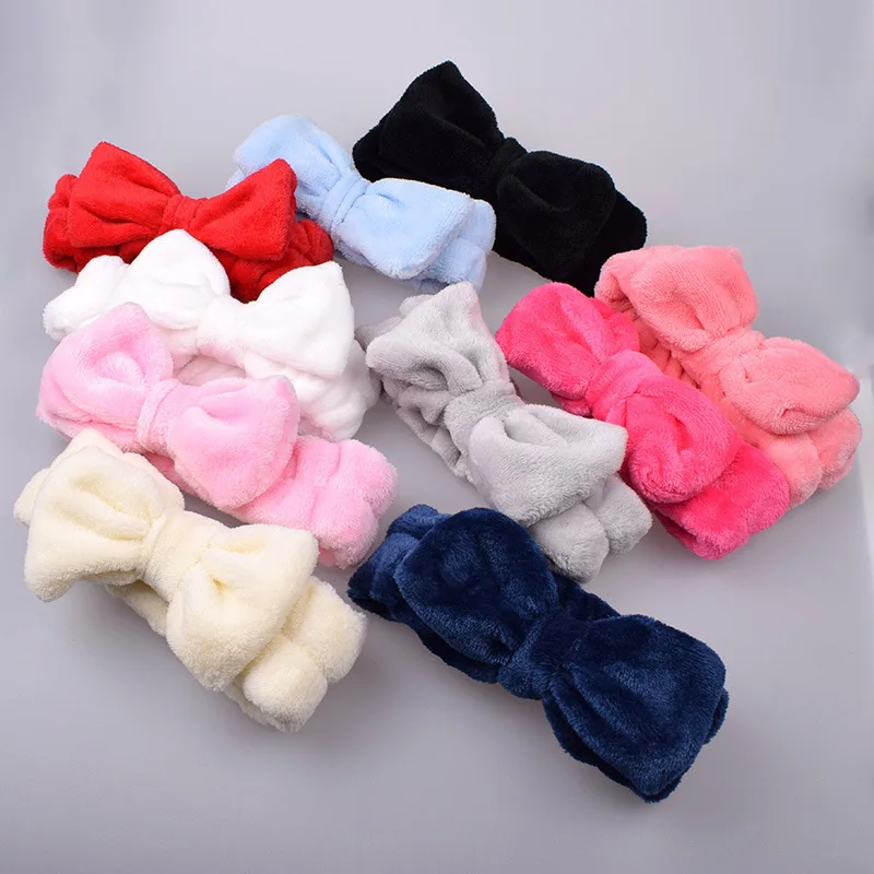 Women Solid Bow Headbands Coral Fleece Makeup Spa Wash Face Hairbands Girl Headwear Hair Accessories