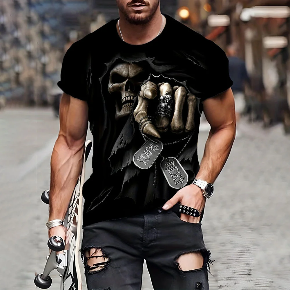 Men\'s Horror Skull Print T-Shirt 3D Print Vintage O-Neck Short Sleeve Fashion Oversized T-Shirts Men\'s Summer Street Clothing