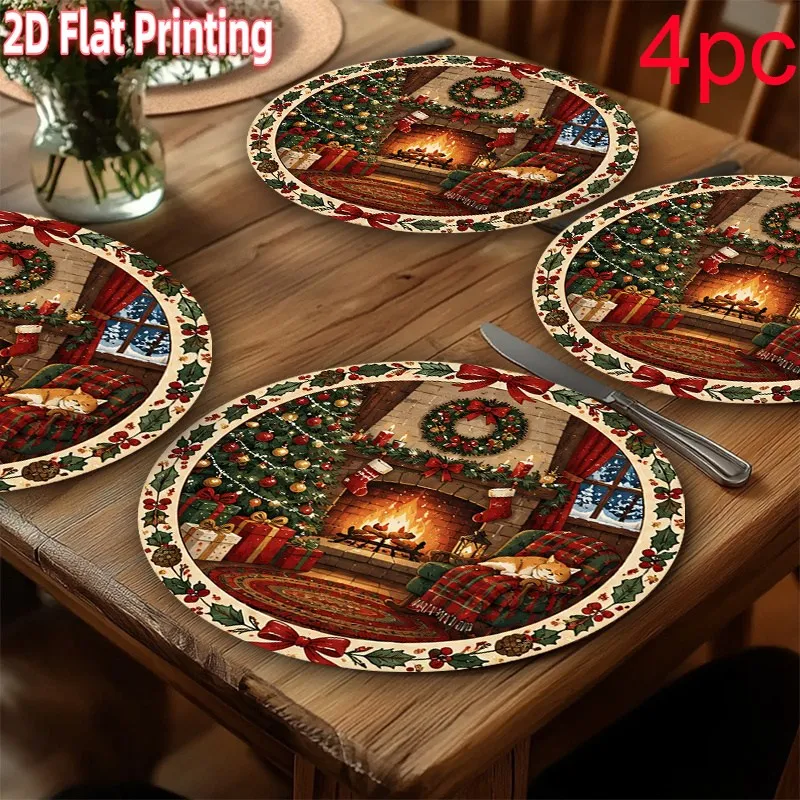 VIKAMA Linen Round Placemat, Colorful Gingerbread Man Print, Washable Stain Resistant Easy Clean, Family Holiday Dining