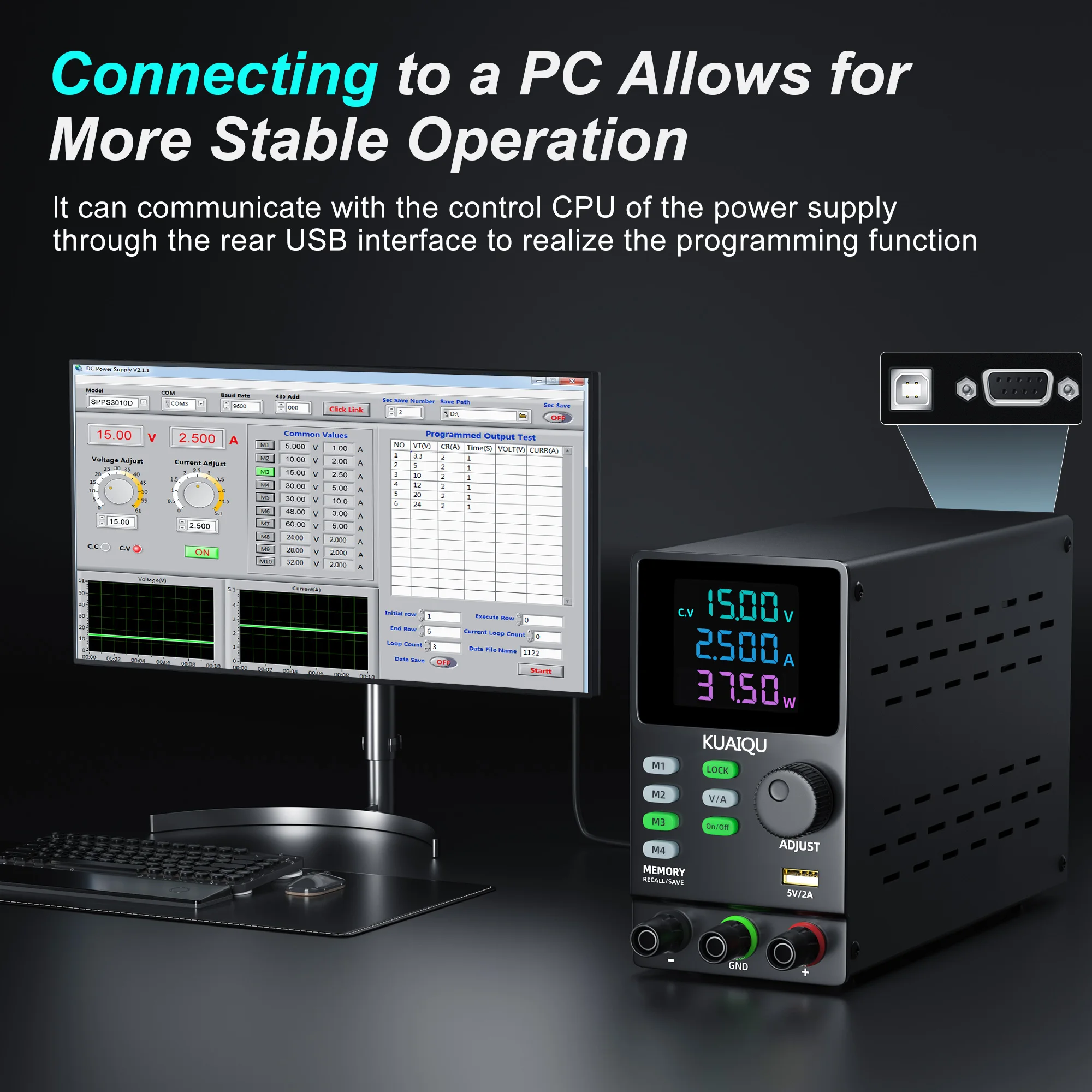 KUAIQU 300V 200V 30V 10A/1A Programmable Laboratory DC Power Supply RS232/USB Communication Interface Edit Stored Data Bench