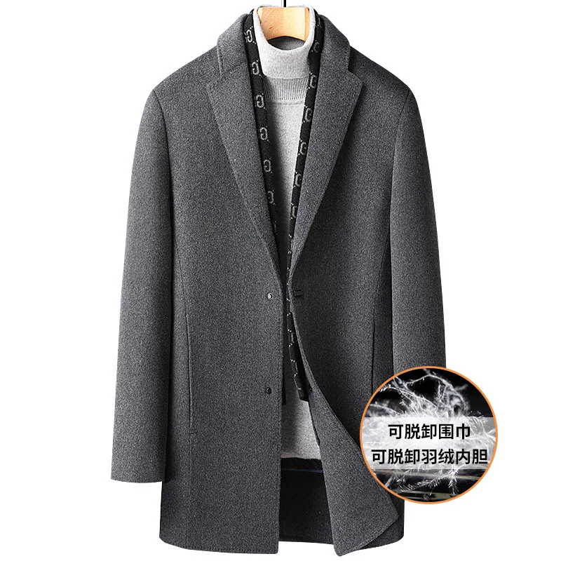 Winter Woolen Trench Coat Scarf Collar Removable Down Liner Overcoat Thickened Mid Long Jacket Warm Wool Parkas Blazer Outerwear