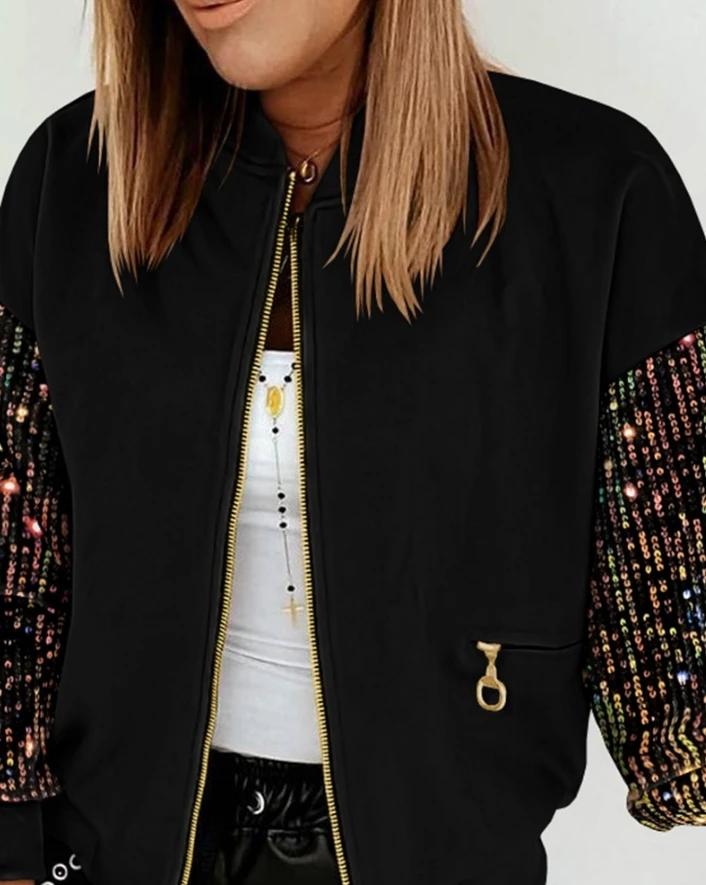 Women\'s Jacket Autumn and Winter Casual Solid Color Zipper Pocket Design Contrast Sequin Lantern Long Sleeve Bomber Jacket