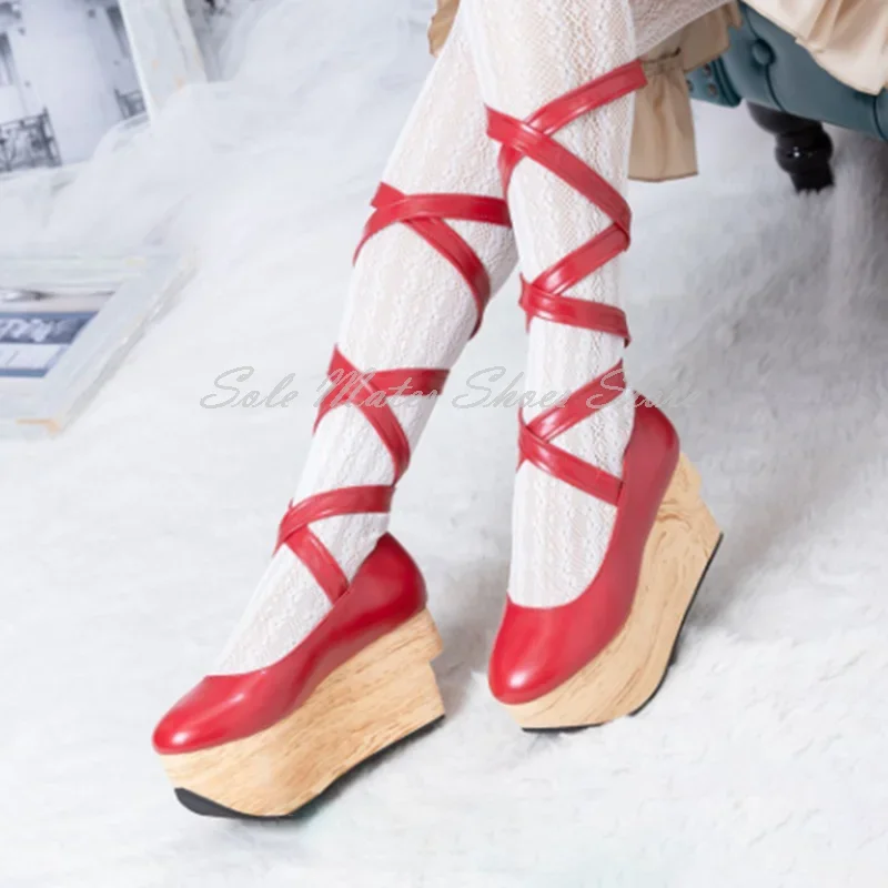 Sol Platform Serat Kayu Trendi Sepatu Wanita Ujung Bulat Sepatu Balet Tali Hak Tinggi Bawah Tebal Sepatu Kuda Goyang Buatan Tangan