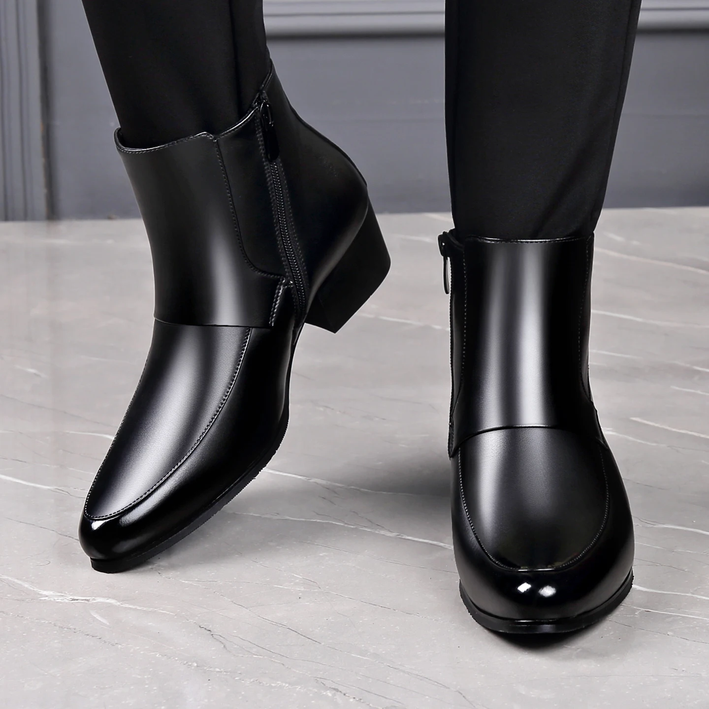 أحذية تشيلسي المدببة للرجال من الصوف الدافئ بسحاب جانبي لزيادة ارتفاع الأعمال من الجلد للرجال دراجة نارية قصيرة باللون الأسود الفاخر #3