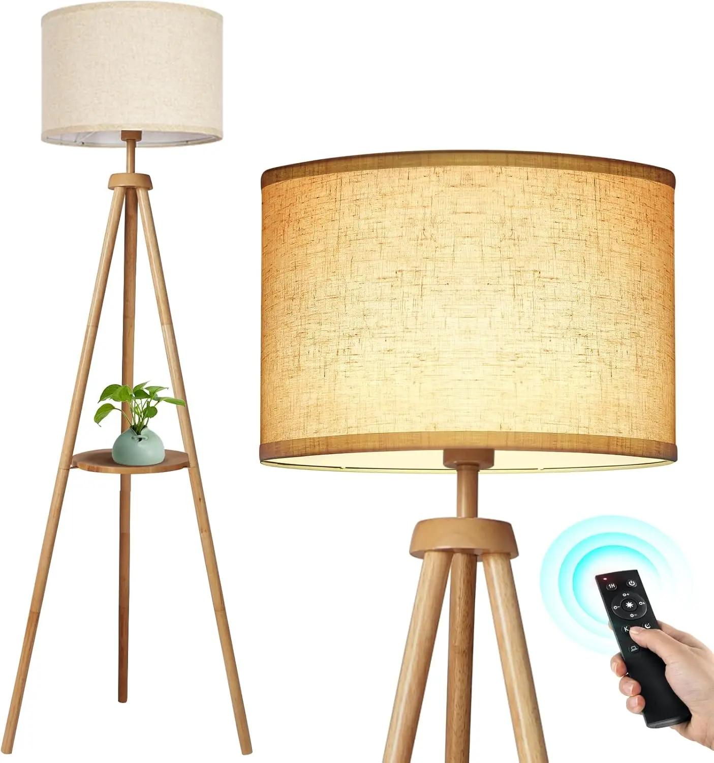 

Wood Tripod Floor Lamp with Shelves, Remote Control, 4 Color Temperatures, Dimmable LED Standing Lamp for Living Room
