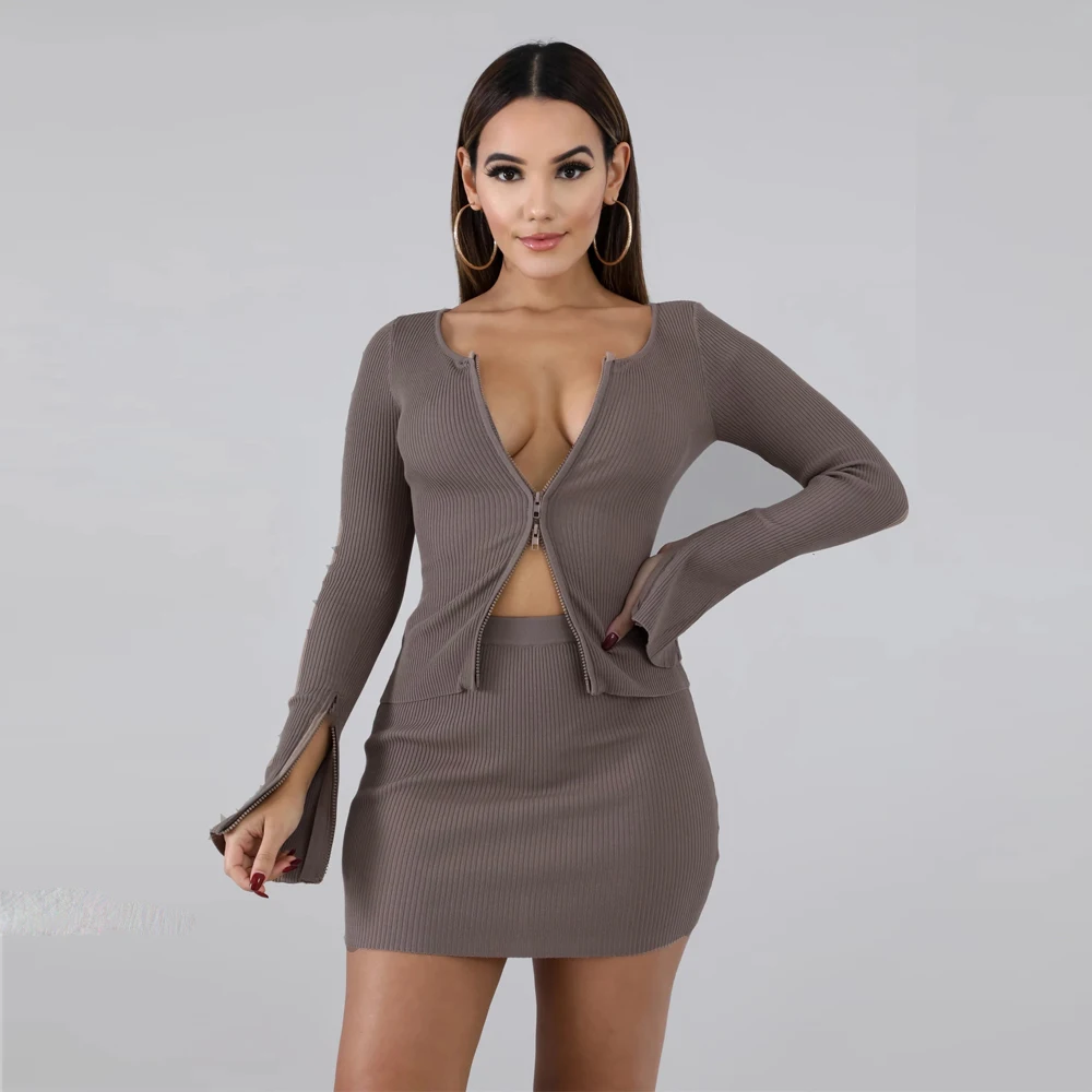 Women Ribbed Crop Knit Long Sleeve 2 Piece Sexy Zipper Open Front Crop Tops and Solid Close-fitting Skirt Set Woman Casual Club