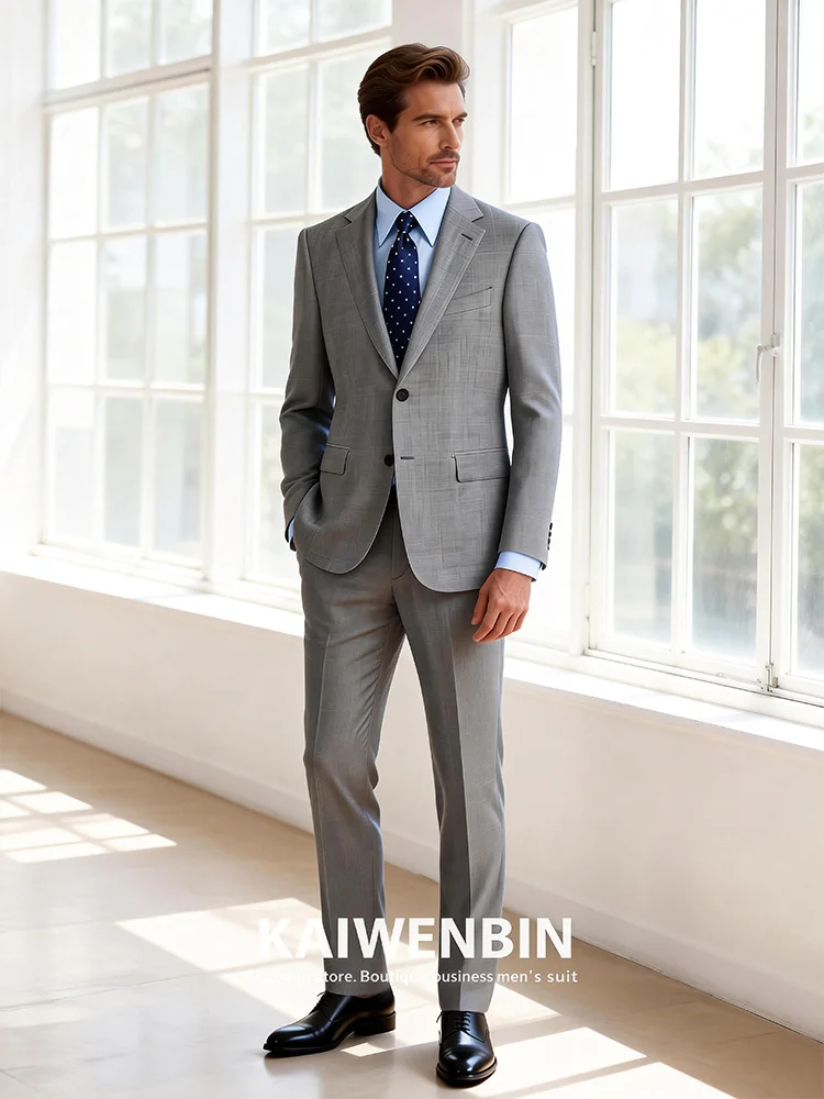 Suit for Men Grey Fine wool 100% Half-canvas 2-Pieces Jacket Pants Casual Business Groom Custom Made