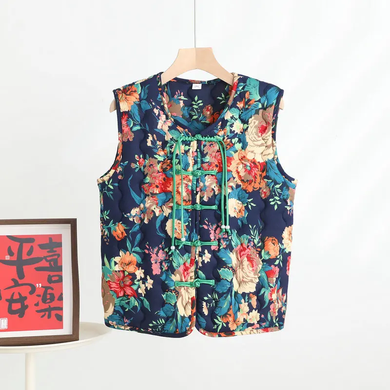 Plus size Chinese Style Northeast Flower Cotton-padded Vest Old-fashioned peony tang Vests Women Winter warm Sleeveless Jackets