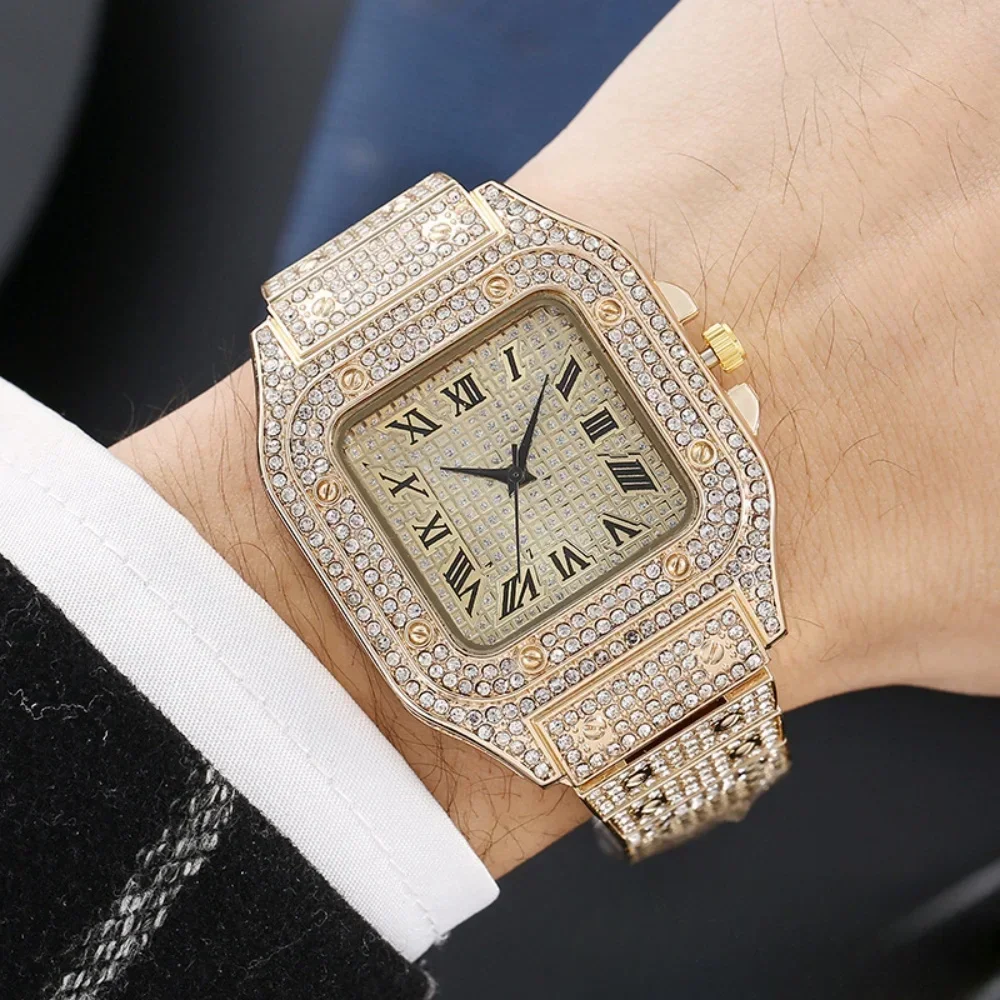 Watches Gold Silver Rose Gold Color Alloys and Bling Rhinestone Square Dial Hip Hop Quartz Watches Are for Perfect Gift