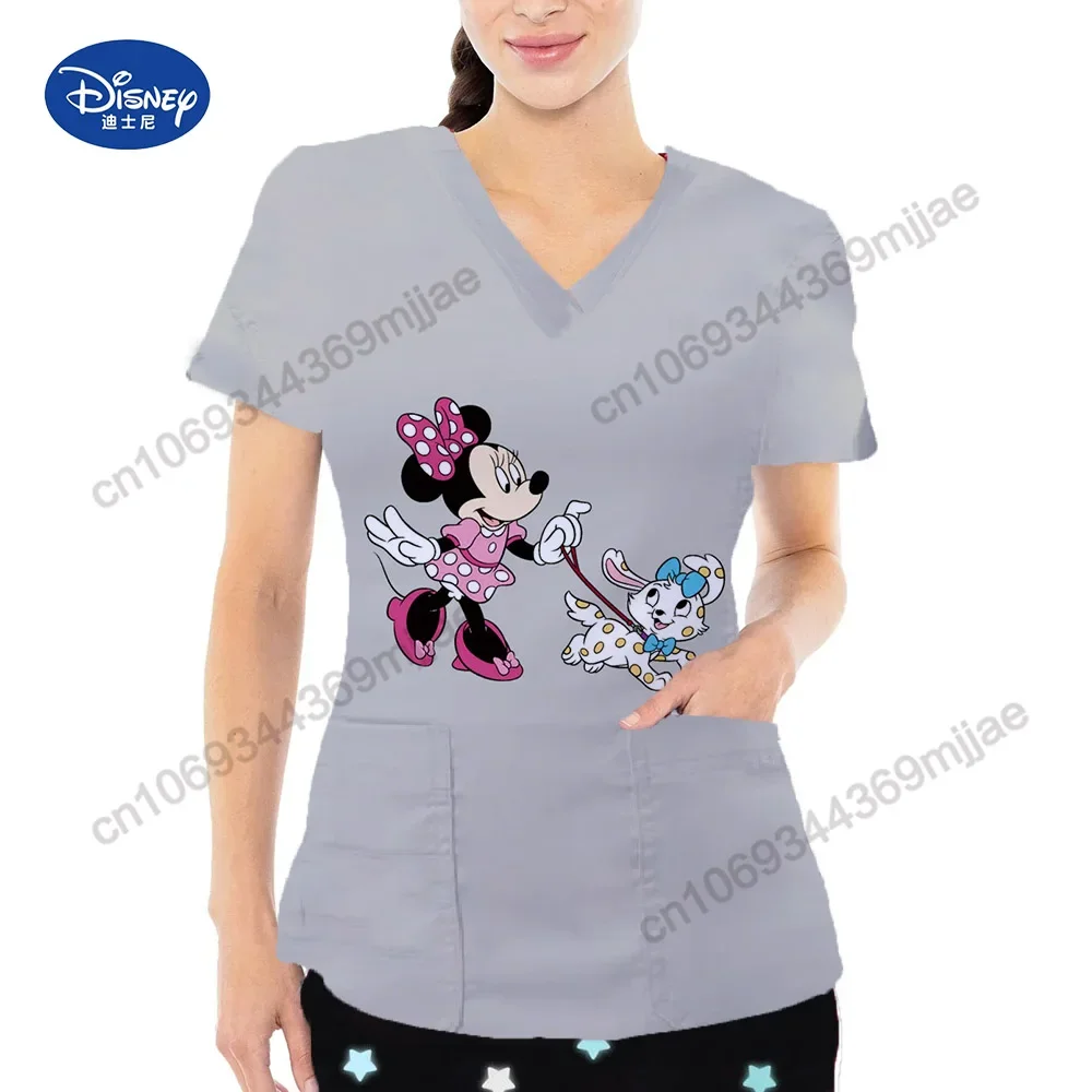 2024 Popular Pretty Disney Printed Pattern V-neck Double Pocket Nurse uniform Comfortable and Casual Y2k style Women's T-shirt