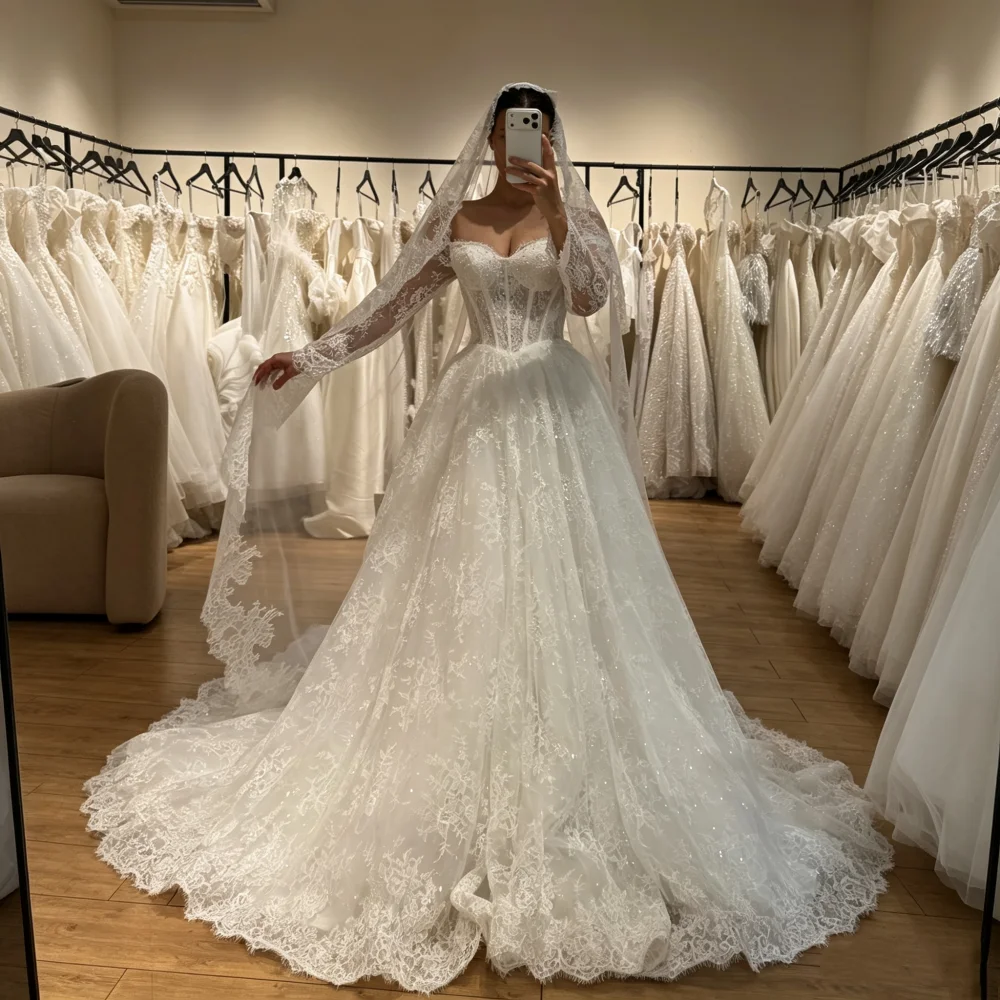 Customized Sweetheart Long Sleeve Lace Ball Dress Wedding Dress Tight corset Shining sheer Party Dress Church Train Bride Dress