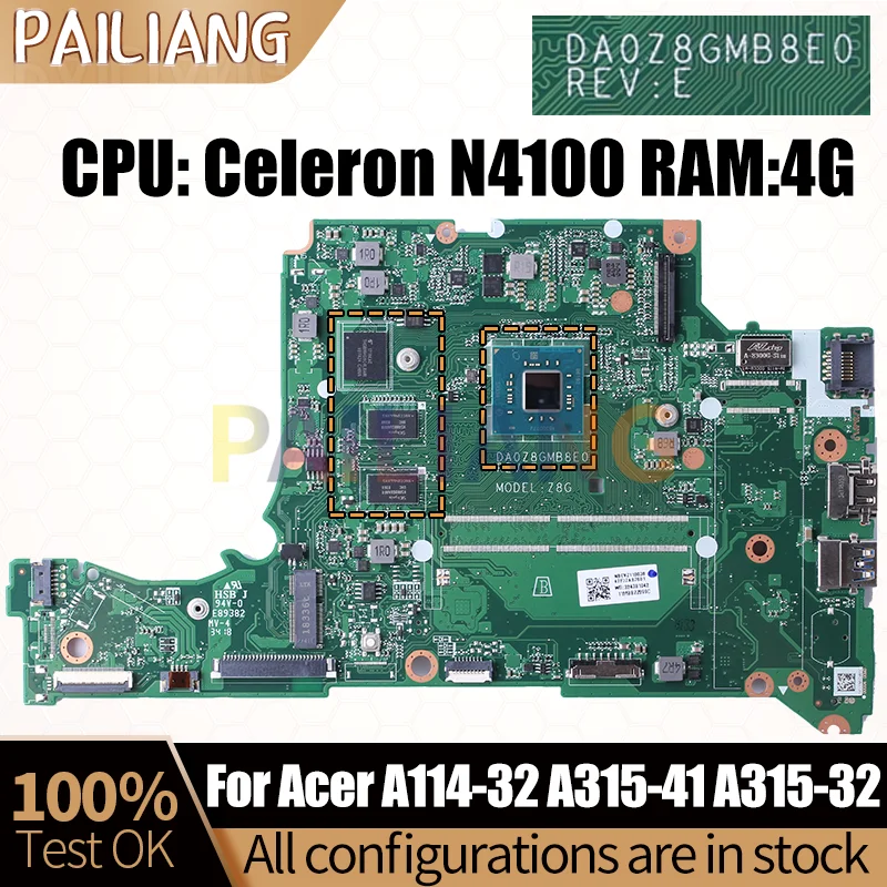 For ACER Aspire A114-32 A315-41 A315-32 Laptop Mainboard DA0Z8GMB8E0 NBGVZ11003 N4100 With RAM Notebook Motherboard Full Test