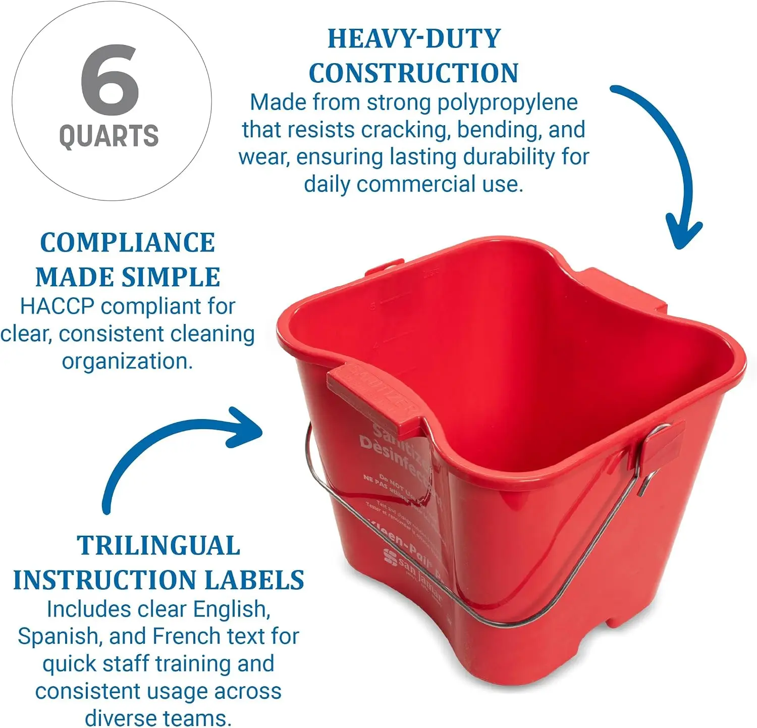 Kleen-Pail Pro, Bucket with Handle for Cleaning Products in Commercial and Home Setting, 6 Qts, 12 Count, Red