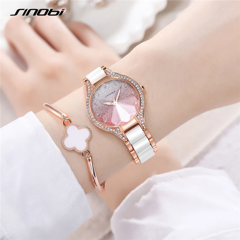 SINOBI Women Watches Rhinstone Rose Gold Dial White Strap Montres Femme Japanese Quartz Movement Luxury Clock Relogio Feminino