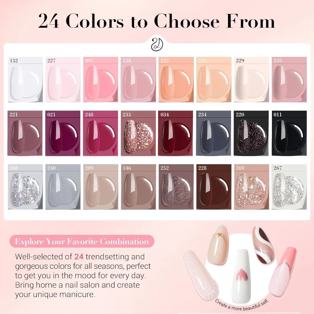 Kit per unghie in polvere con trapano elettrico per unghie, 24 colori Kit per polvere per unghie con glitter rosa nudo Set essenziale per manicure francese per nail art