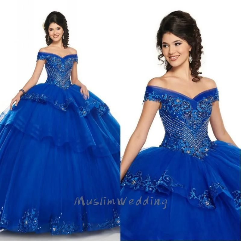 Modern 2020 Cinderella Embroidery Beaded Crystal Quinceanera Ball Gown Sweet 16 Dresses Off Shoulder Beaded Crystal Tiered Tulle