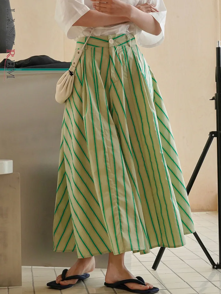 [LANMREM] Striped Contrast Color Skirt Women High Waist A-line Loose Korean Style Female Elegant Skirts 2025 Summer New 26D2905