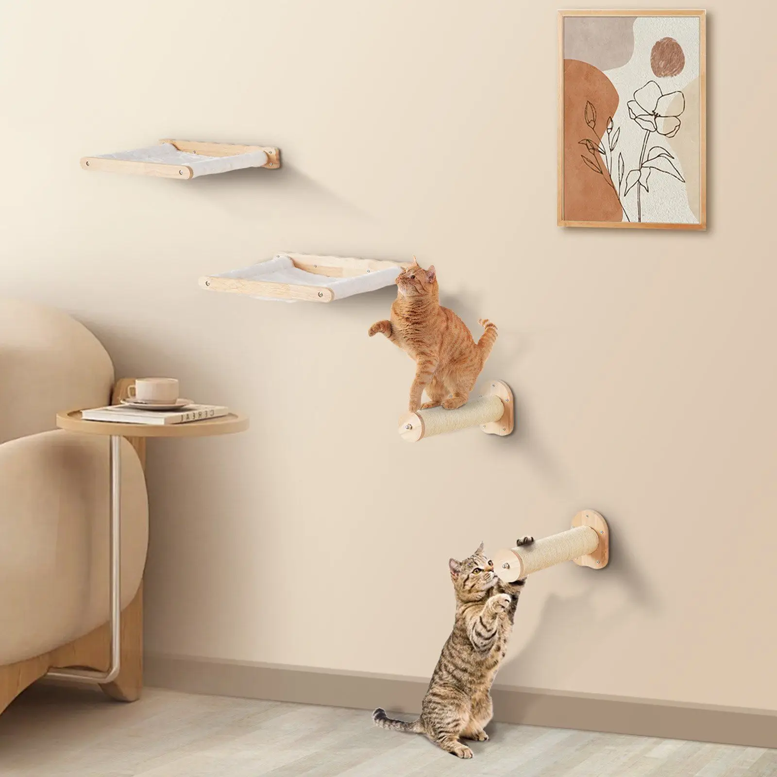 

Wall Mounted Cat Shelves with 2 Jumping Posts & 2 Hammocks up to 40 lbs