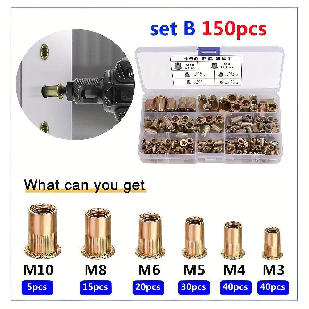 

Классификационный комплект метрических заклепок и гаек (100 шт./150 шт.) M3 M4 M5 M6 M8 M10, гайка с резьбой из оцинкованной углеродистой стали