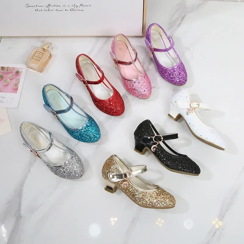 Girls Purple High Heels For Kids Princess RED Leather Shoe Footwear Children\'s Party Wedding Shoes Round Toe 1-3CM
