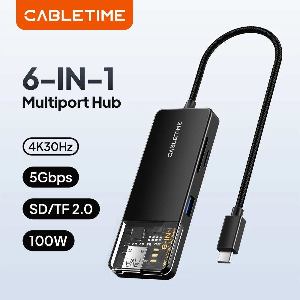 

CABLETIME 6 in 1 USB C Hub 4K 30Hz HDMI PD 100W USB 3.0 5Gbps SD TF for MacBook pro Laptops Type C Hub